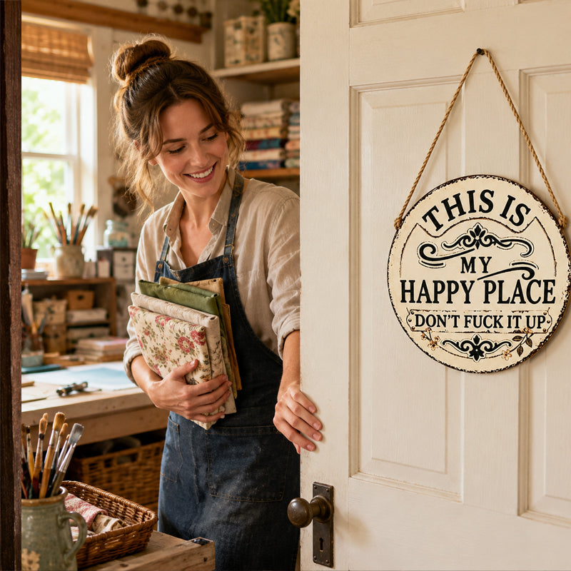 Vintage Country Style Humorous Welcome Sign | "This Is My Happy Place" Runde Hausnummernschilder aus Metall