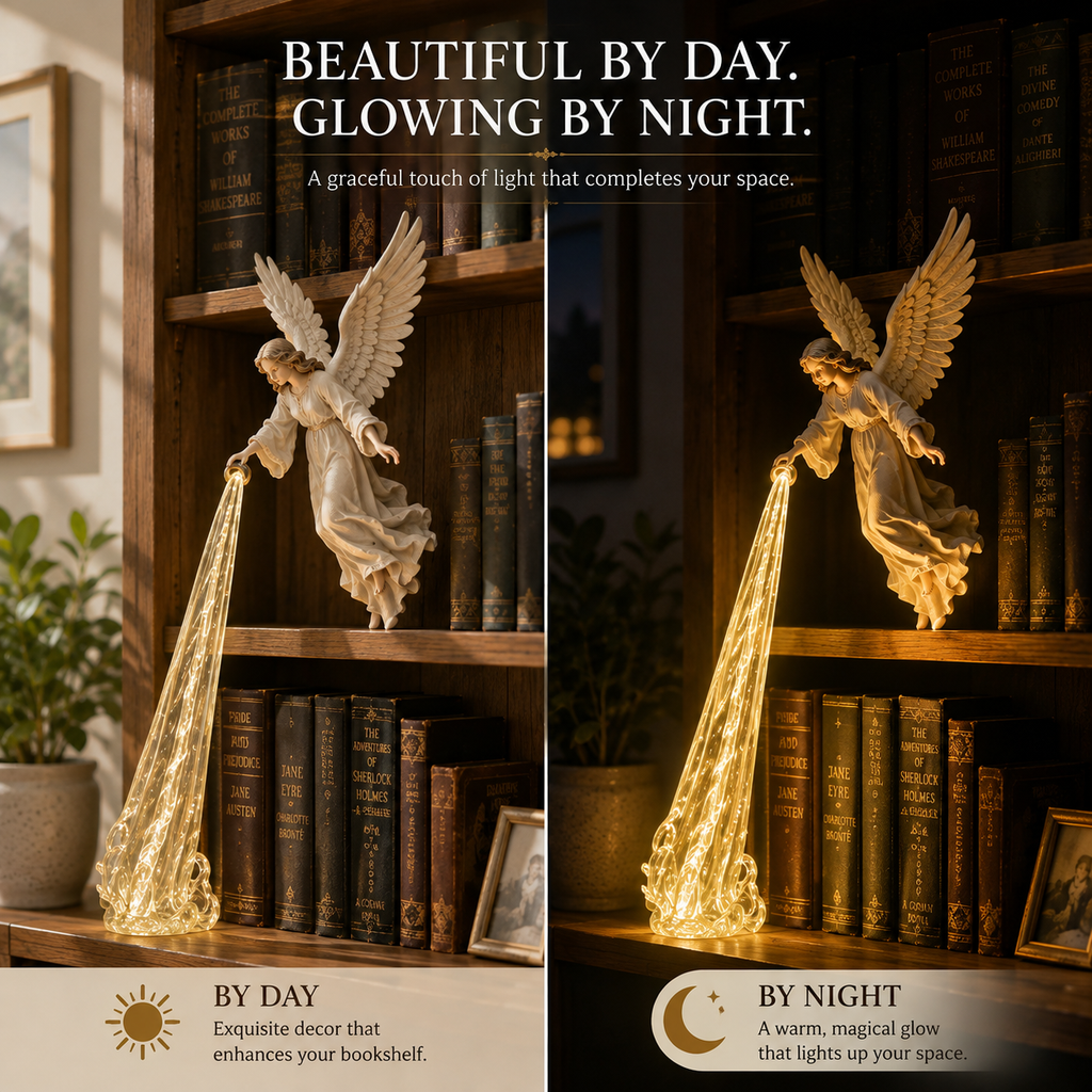 Guardian Angel Bookshelf Light – Elegant Angel Shelf Decor with Warm Glow