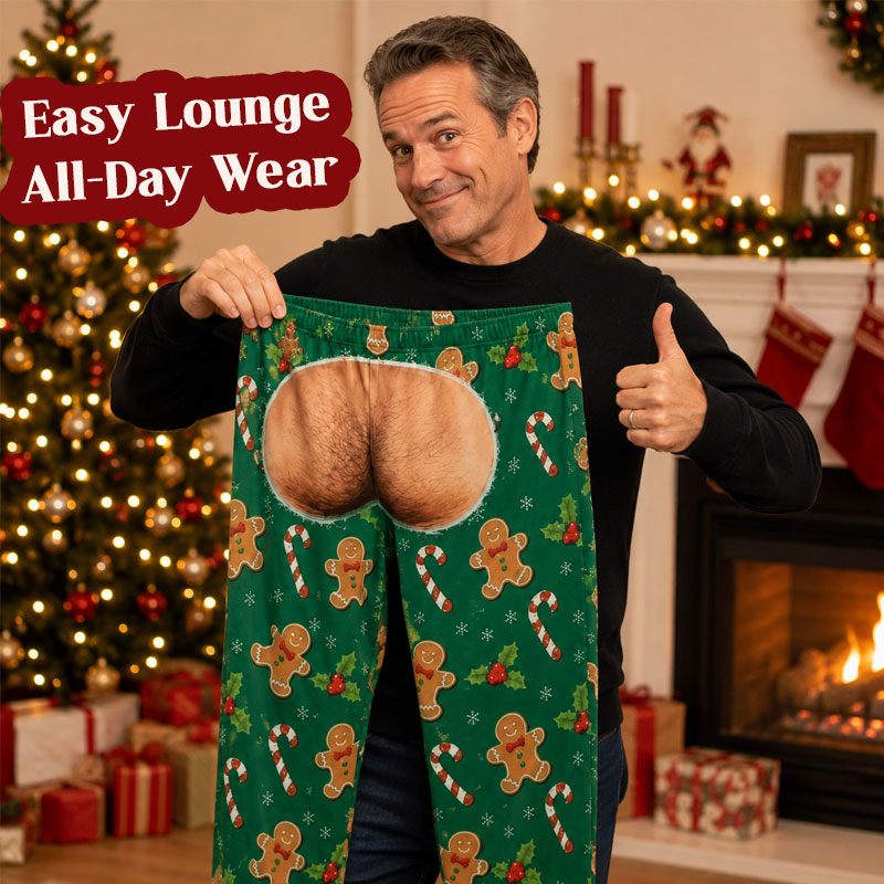 Funny Christmas Men's Pajama Pants – Holiday Party Lounge Pants with Gingerbread Man & Santa Print