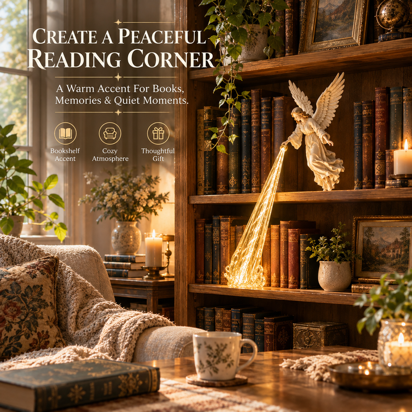 Guardian Angel Bookshelf Light – Elegant Angel Shelf Decor with Warm Glow