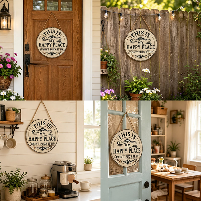 Vintage Country Style Humorous Welcome Sign | "This Is My Happy Place" Runde Hausnummernschilder aus Metall