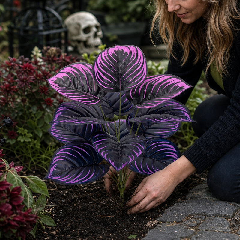 🏡🖤Artificial Purple Calathea Plant – Gothic Fall & Halloween Faux Plant
