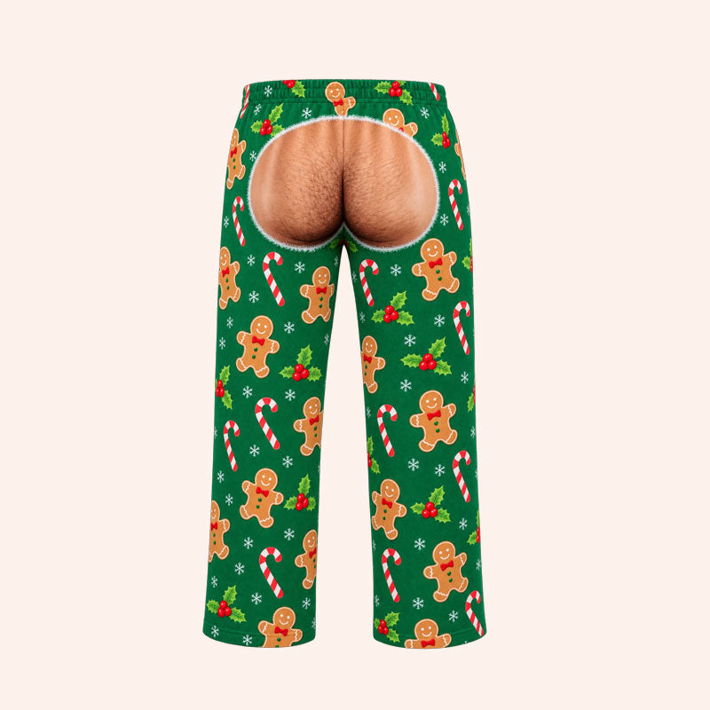 Funny Christmas Men's Pajama Pants – Holiday Party Lounge Pants with Gingerbread Man & Santa Print