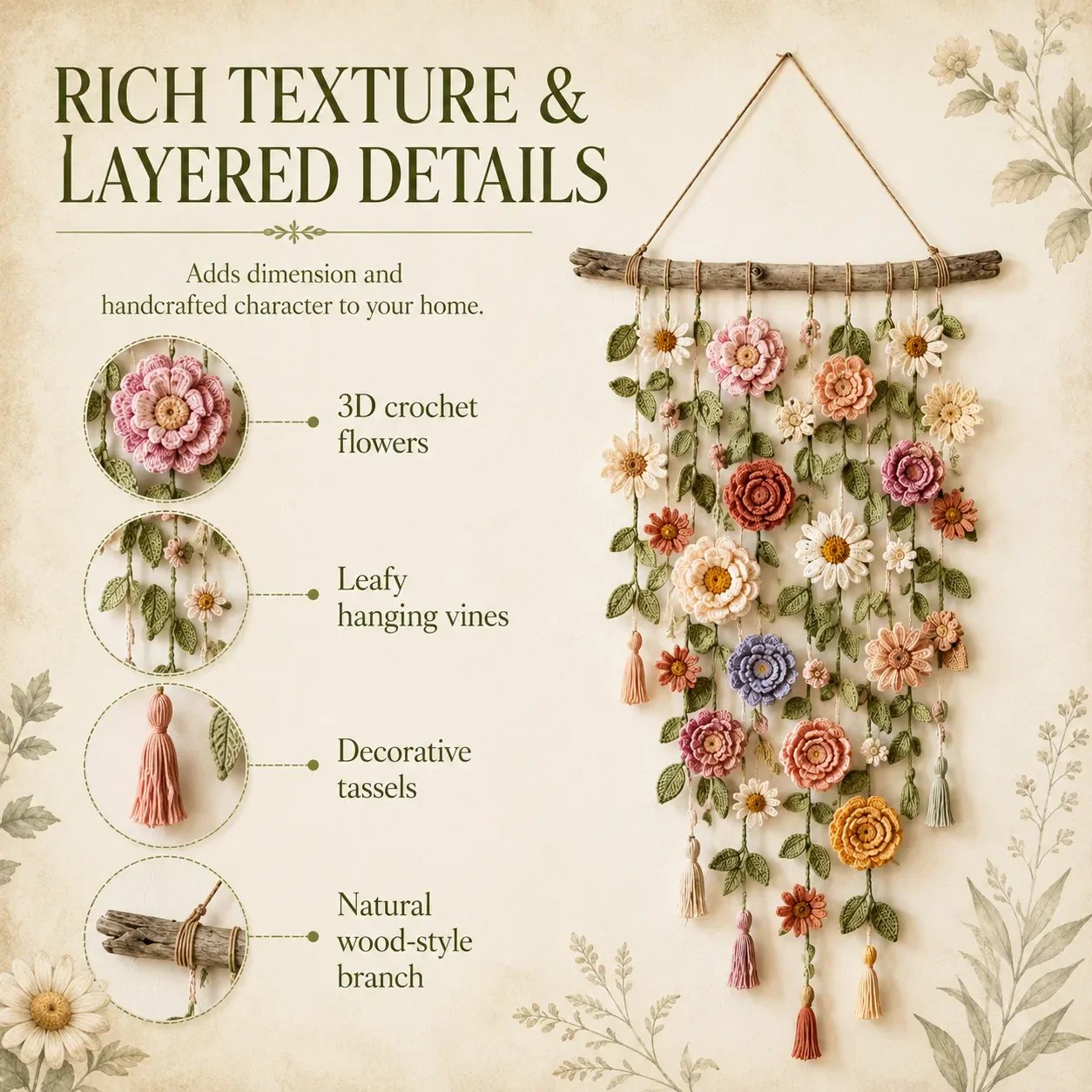 🌼 Boho Crochet Flower Wall Hanging Decor